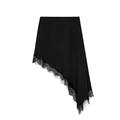 Elegant black satin skirt with asymmetrical hem and delicate lace trim on white background - XS / Black