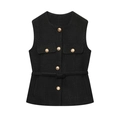 Women's elegant black tweed vest with gold buttons and matching slim waist belt - S / Black