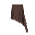 Dark brown satin midi skirt with asymmetrical eyelash lace hem and silky finish - XS / Dark Brown