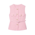 Detail of pink tweed vest featuring round neck, golden buttons and matching waist belt - S / Pink