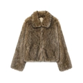 Chaqueta de invierno para mujer en piel sintética marrón con cuello vuelto y cremallera - S / Degradado