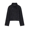 Elegante zwarte double-breasted korte tweed jas met getextureerde franjes op witte basis - XS / Zwart
