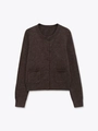 Close-up of dark brown knit cardigan featuring round neck and two front pockets - S / Coffee