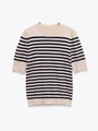 Detail of scalloped edges and striped knit texture on this elegant short sleeve top - S / Beige And Navy Stripes