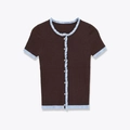 Flat lay of a brown short sleeve knit cardigan with blue contrast lettuce trim and buttons - S / Brown with Blue
