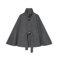 Elegant grey high-collar wool poncho coat with waist tie and black buttons - S / Gray