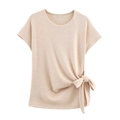 Beiges Strick-T-Shirt für Damen mit schickem Knotendetail und feiner Rippenstruktur - Cremeweißes Oberteil / XS