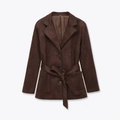 Women's dark brown faux suede jacket with belt, lapel collar and buttons in mid-length - XS / Coffee