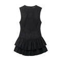 Detail of black faux suede sleeveless mini dress featuring double-layered ruffle hem - XS / Black