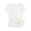 Women's cream white soft knit short sleeve top with side knot detail and ribbed texture - White Top