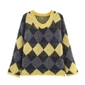 Autumn V-neck long sleeve argyle knit sweater in yellow and grey with sequin details - S / Yellow Grey