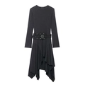 Dunkelgraues Langarm-Midikleid mit asymmetrischem Rüschensaum und schwarzem Gürtel - XS / Dunkelgrau