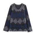 Women's V-neck argyle knit sweater with sequins and plush long sleeves in navy blue - S / Blue Gray