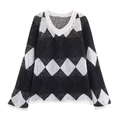 Women's V-neck long sleeve argyle knit sweater with sequins and white ribbed trim - S / Black & White