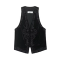 Vintage black velvet sleeveless vest with intricate tonal embroidery and button closure - XS / Black