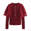 Elegante conjunto de punto burdeos con ribete de encaje y botones de perlas para mujer - Burdeos