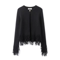 Minimalist black knit cardigan with elegant fringe trim and a gold button round neck - S / Black