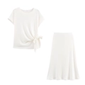 White ribbed knit two-piece set featuring short sleeve knot top and midi skirt - White Zirconia Set