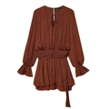 Deep brown pleated long sleeve mini dress with waist tie and ruffle cuffs on white backdrop - XS / Burgundy