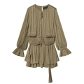 Detail of olive green pleated long sleeve mini dress with waist tie and ruffled hem - XS / Olive Green