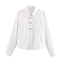 Camisa blanca de popelina para mujer con manga larga y botones de lazo con pedrería fina - XS / Blanco