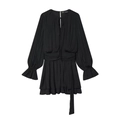 Detail of black pleated mini dress with ruched waist and ruffled bell sleeves on white background - XS / Black