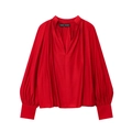 Elegante rote V-Ausschnitt Bluse mit gefaltetem Kragen und modischen Laternenärmeln - XS / Rot