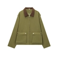 Olivgrüne Utility-Jacke mit braunem Cordkragen und Druckknopftaschen in Silber-Optik - S / Armeegrün