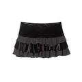 Modischer hoch taillierter Minirock mit Stufenrüschen in dunklen Tönen aus Satin und Chiffon - XS / Dunkelbraun