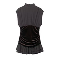 Elegant sleeveless dress with velvet mesh splicing and ruffled hem in dark grey and wine red - XS / Gray and Burgundy Patchwork
