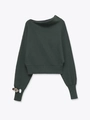 Detail of dark green off-shoulder sweater with silver metal ring on the wide ribbed cuff - S / Dark Green