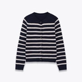 Klassiek gebreid vest met marineblauwe en crème strepen, ronde hals en donkere knopen - S / Gestreept