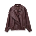 Women's burgundy faux leather jacket with pebble texture and trendy oversized silhouette - XS / Burgundy