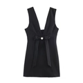 Elegant black sleeveless mini dress with deep V-neck and crystal bow waist detail - XS / Black