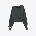 Dark green off-shoulder knit sweater with ribbed cuffs and unique sleeve metal ring detail - S / Green