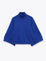 Detail of royal blue turtleneck knit sweater with raglan sleeves and ribbed cuffs - S / Blue