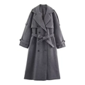 Elegante donkergrijze wollen jas met dubbele knopen en een tailleceintuur voor dames - XS / Grijs