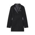 Elegant black V-neck blazer dress with satin lapels and pleated waist details - S / Black