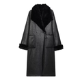 Lungo cappotto nero reversibile in ecopelle e pelliccia con ampio collo e tasche - XS / Nero