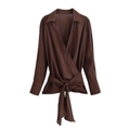 Chemise croisée marron foncé à manches longues avec col en V et ceinture ajustable - XS / Brun Foncé
