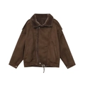 Dunkelbraune Fliegerjacke aus Wildlederimitat mit dickem Pelzkragen und verstellbarem Gürtel - S / Kaffeebraun