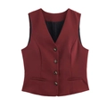 Getailleerd bordeauxrood vest met V-hals voor dames met vier knopen en platte zakken - XS / Bordeauxrood