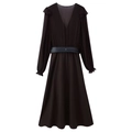 Elegante vestido largo negro de manga larga con escote en V profundo, volantes y cinturón - XS / café