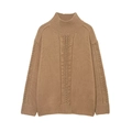 Women's camel cable knit sweater with mock neck and cutout details on white background - S / Camel