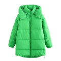 Detail of bright green hooded puffer coat with windproof collar and drawstring hem - XS / Fluorescent Green
