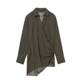 Army green long sleeve wrap shirt for women with asymmetric hem and pleated front - XS / Army Green