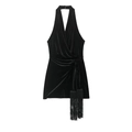 Abito corto nero in velluto allacciato al collo con scollo a V e lunghe nappe decorative - XS / Nero