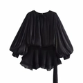 Elegant black pleated long sleeve blouse with puff sleeves and irregular hemline - S / Black