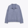 Jersey clásico de punto grueso gris azulado con cuello polo y hombros caídos - S / Azul grisáceo