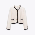 Elegante chaqueta de tweed beige para mujer con ribetes negros y botones dorados en relieve - XS / Blanco
